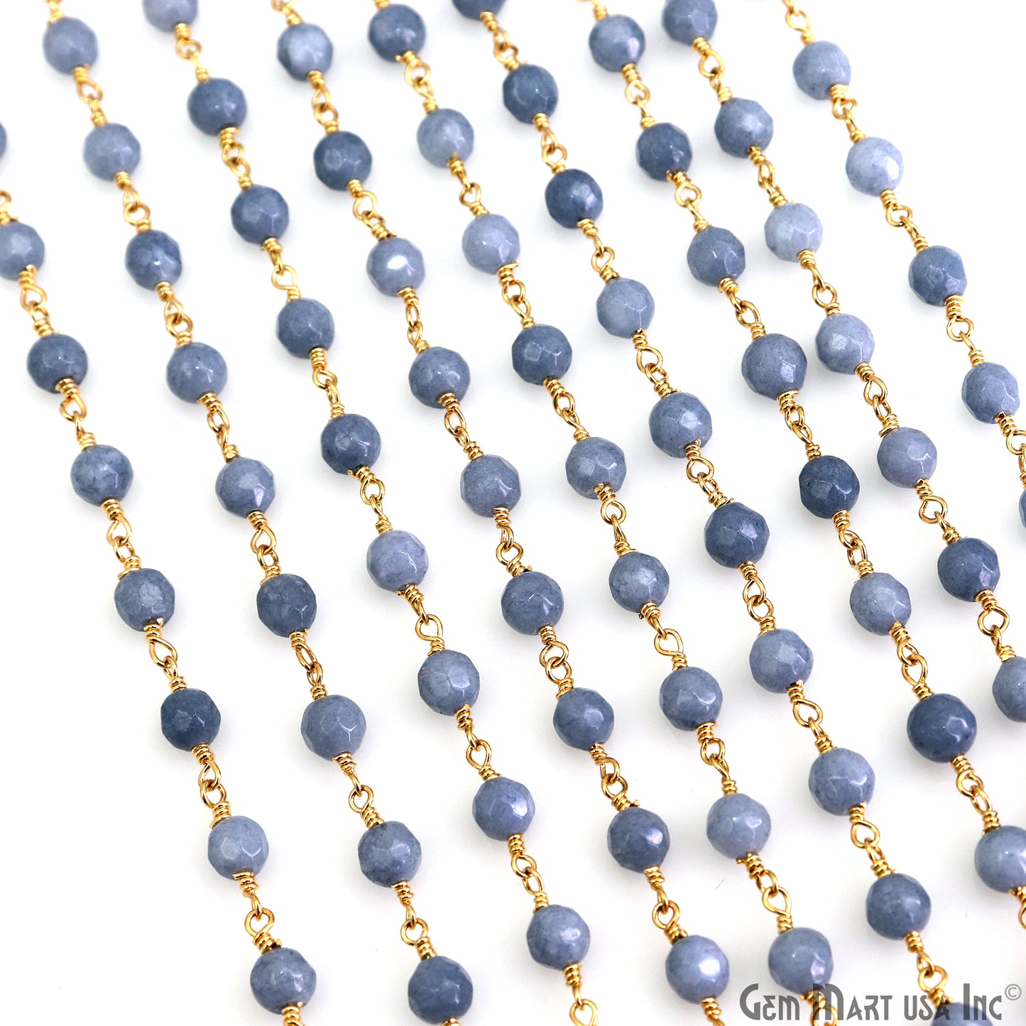 Blue Lace Agate Jade Faceted Beads 4mm Gold Wire Wrapped Rosary Chain