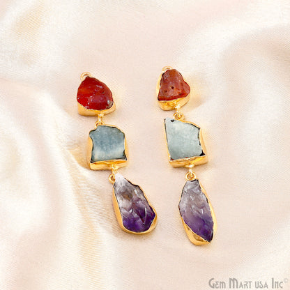 Rough Gemstone Bezel Setting 60x10mm Gold Plated Long Dangle Earring Pair Connectors