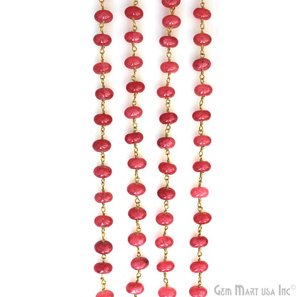 Ruby Jade Cabochon 8-9mm Gold Wire Wrapped Rosary Chain