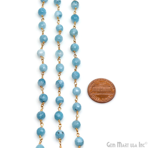 Shaded Blue Jade Faceted Beads 6mm Gold Plated Gemstone Rosary Chain