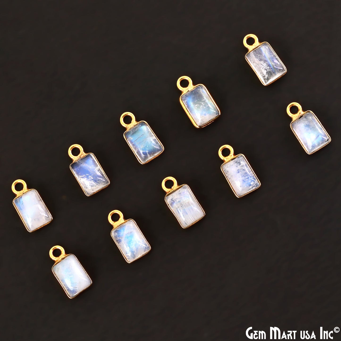 Rainbow Moonstone Rectangle 5x7mm Single Bail Gold Bezel Gemstone Connector