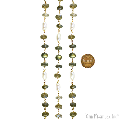 Labradorite Cabochon With Pearl Gold Wire Wrapped Rosary Chain