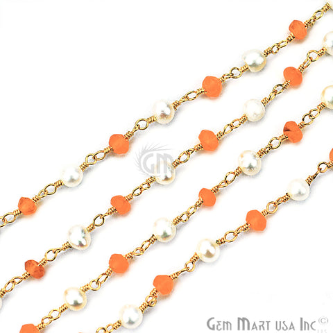 Carnelian With Freshwater Pearl Gold Plated Wire Wrapped Beads Rosary Chain - GemMartUSA