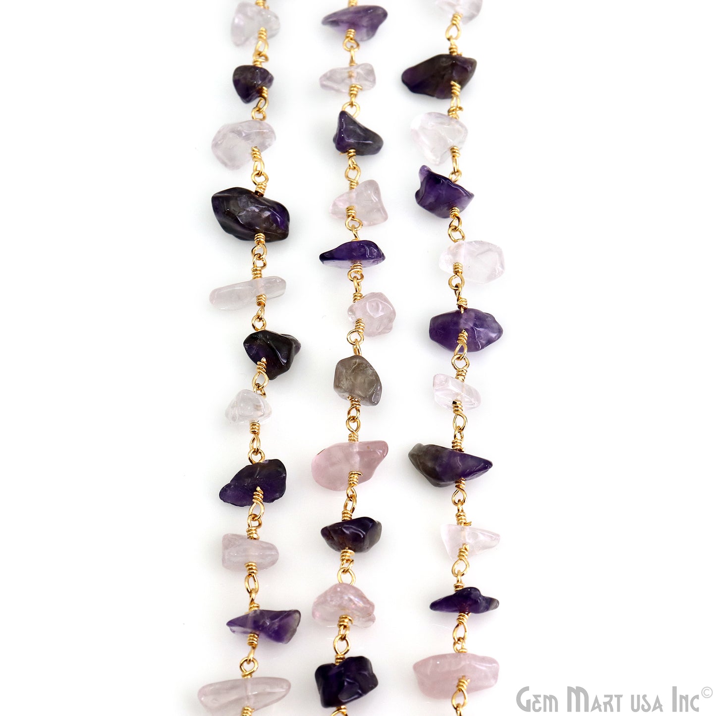 Amethyst & Rose Quartz  Nugget Chip 4-6mm Gold Wire Wrapped Rosary Chain