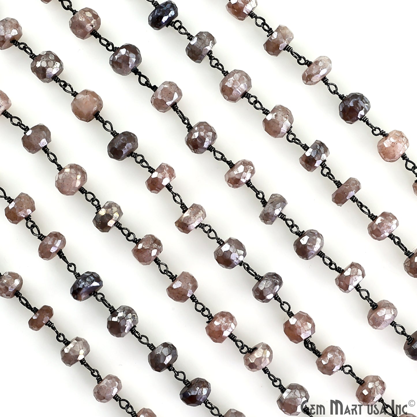 Peach Moonstone Faceted Beads 6-7mm Oxidized Wire Wrapped Beaded Rosary Chain