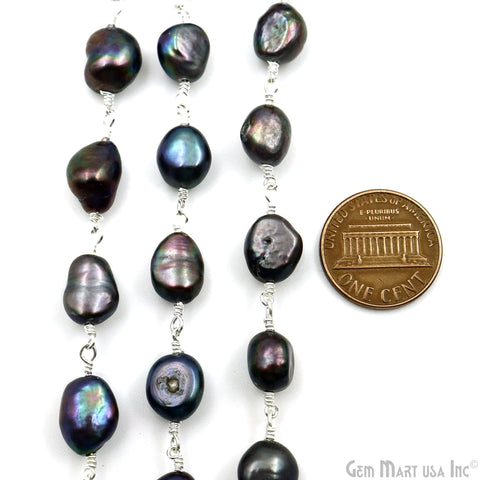 Black Freshwater Pearl Free Form 8-9mm Silver Wire Wrapped Beads Rosary Chain