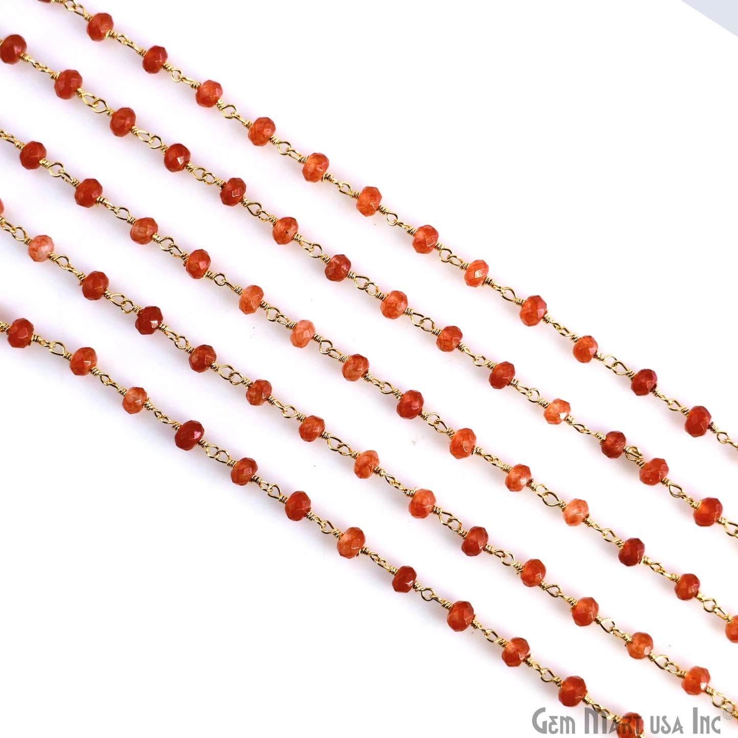 Carnelian 4mm Round Faceted Beads Gold Wire Wrapped Rosary