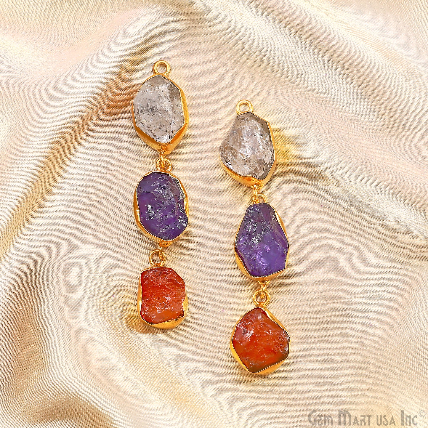 Rough Gemstone Bezel Setting 61x9mm Gold Plated Long Dangle Earring Pair Connectors