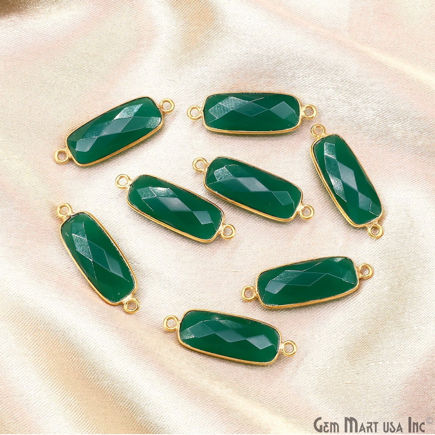 Green Onyx 27x9mm Rectangle Faceted Gold Bezel Double Bail Gemstone Connector