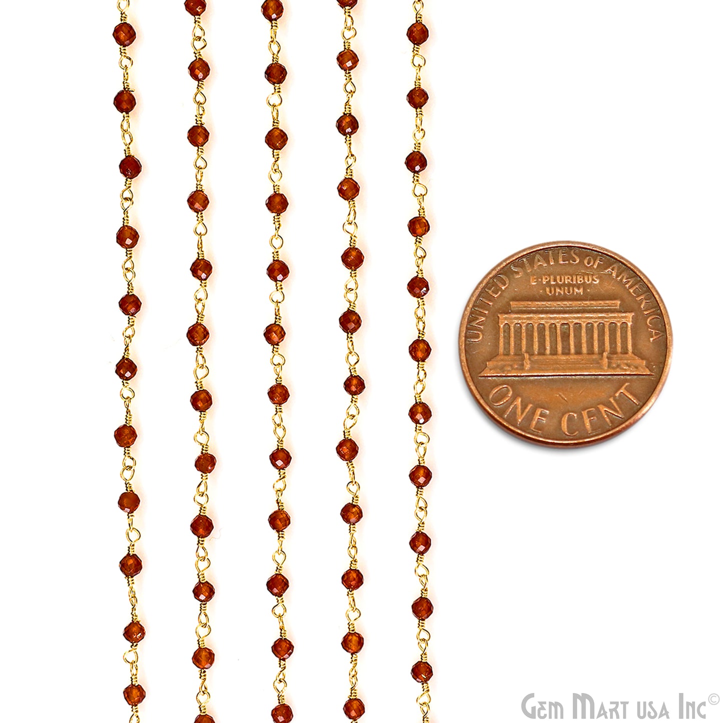 Hessonite 3-3.5mm Beads Gold Wire Wrapped Rosary Chain