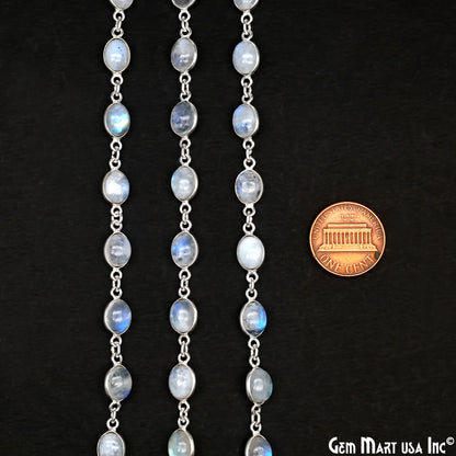 Rainbow Moonstone 6x8mm Oval Silver Bezel Cabochon Continuous Connector Chain