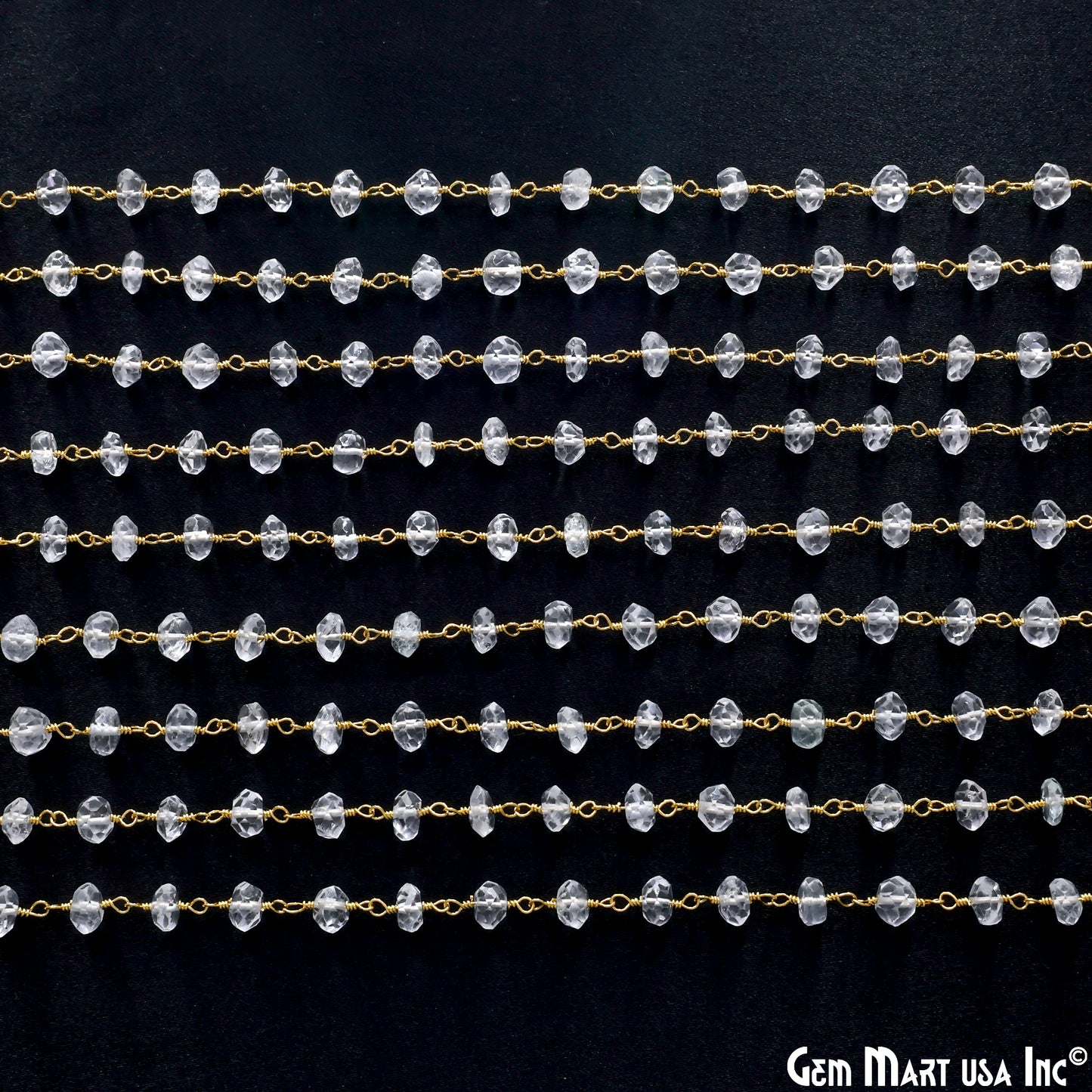 White Topaz Faceted 5-6mm Gold Wire Wrapped Beads Rosary Chain