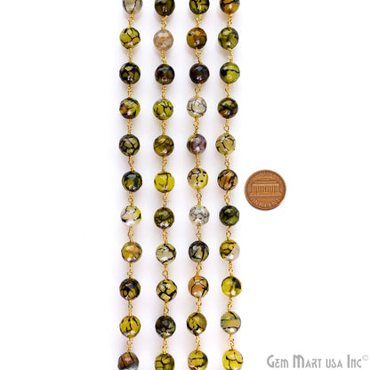 Yellow Green Dragon Agate Faceted Beads 10mm Gold Wire Wrapped Rosary Chain