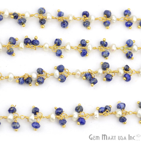 Lapis With Freshwater Pearl Faceted Beads Gold Wire Wrapped Cluster Dangle Chain - GemMartUSA (764172763183)