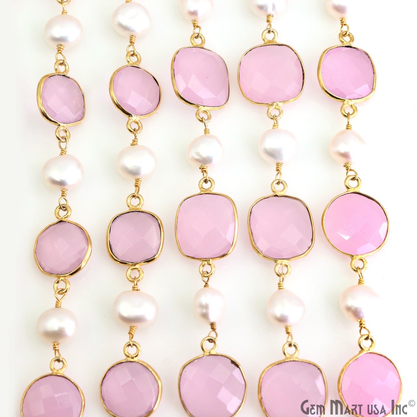 Rose Chalcedony & Pearl Gold Plated Bezel Link Continuous Connector Chain