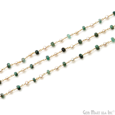 Emerald & Freshwater Pearl 4-5mm Gold Wire Wrapped Rosary Chain