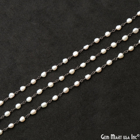 Freshwater Pearl Beads 6x4mm Oxidized Wire Wrapped Rosary Chain