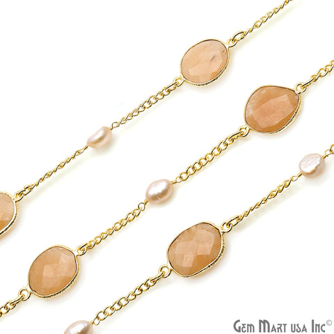Sand Chalcedony & Freshwater Pearls 10-15mm Faceted Chalcedony Gold Plated Connector Chain - GemMartUSA