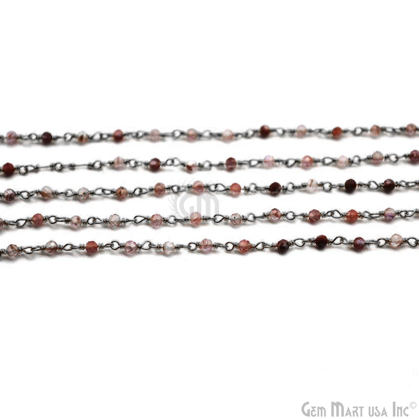 Shaded Strawberry Quartz Black Plated Wire Wrapped Gemstone Beads Rosary Chain