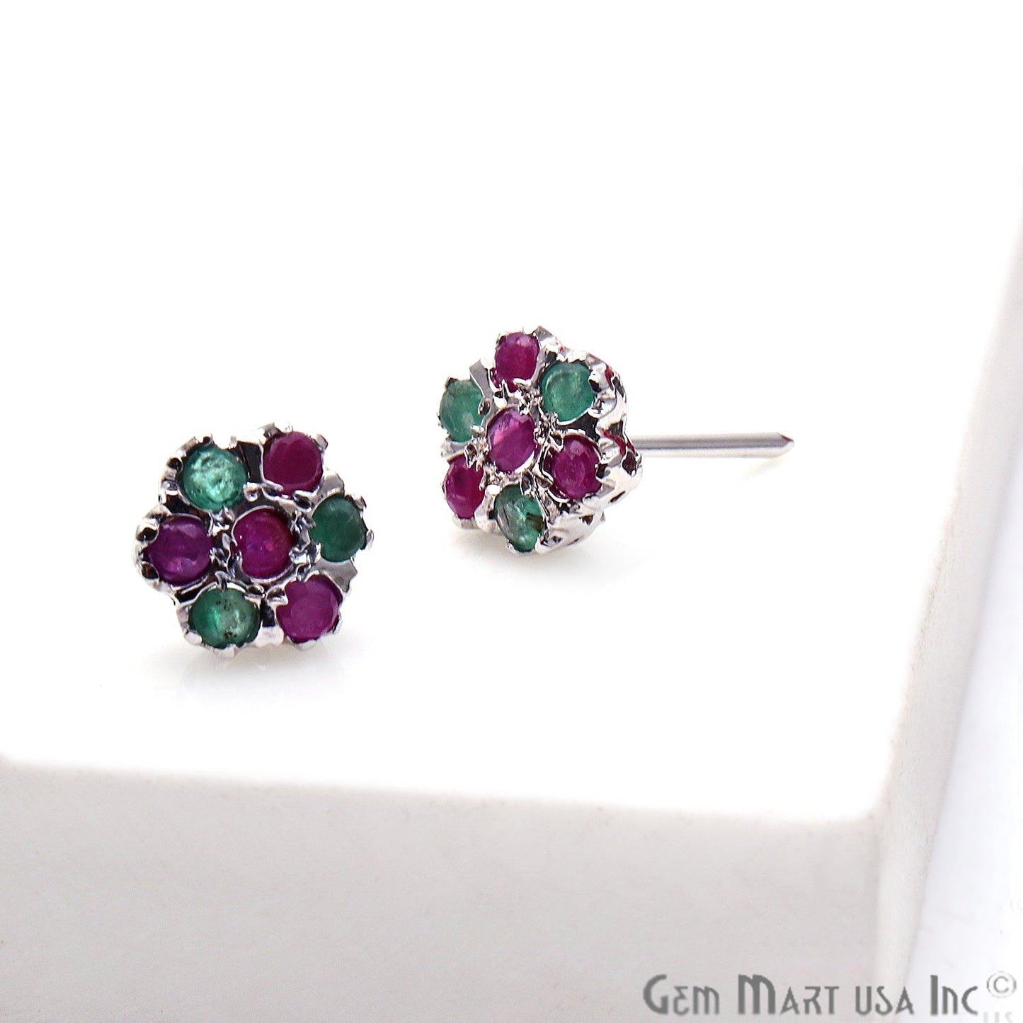 Emerald With Ruby Sterling Silver Stud Earring