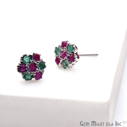 Emerald With Ruby Sterling Silver Stud Earring