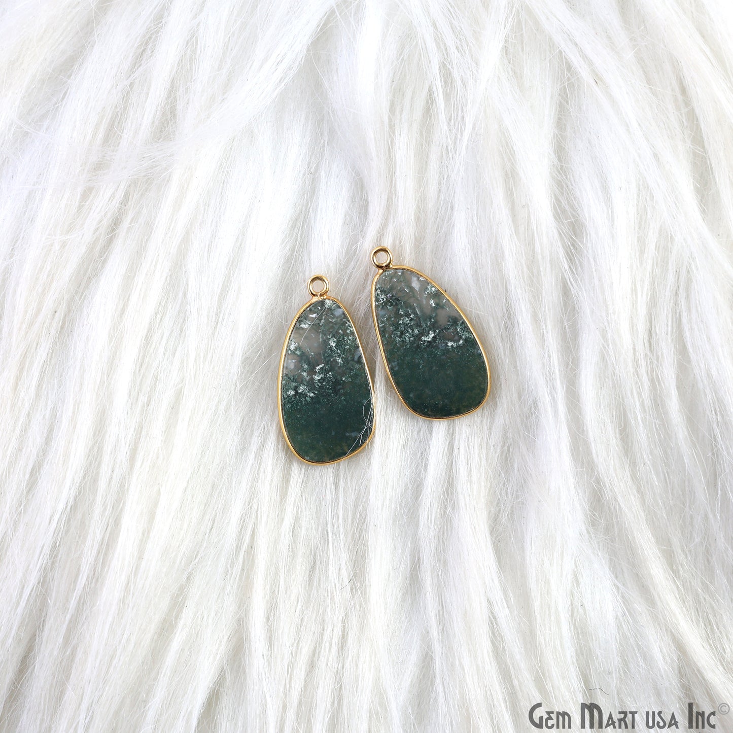 Moss Agate Pears Gold Plated Single Bail Bezel Smooth Slab Slice Thick Gemstone Connector 29x16mm 1 Pair