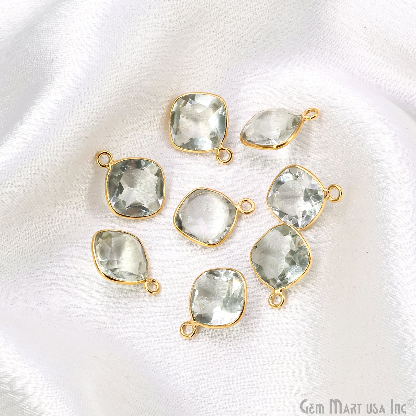 Green Amethyst 10mm Cushion Brilliant Cut Gold Plated Bezel Single Bail Connector