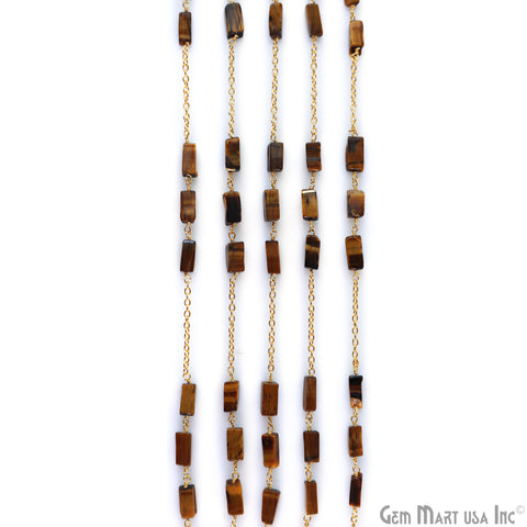 Tiger Eye 9x4mm Rectangle Beads Gold Plated Catholic Rosary Chain
