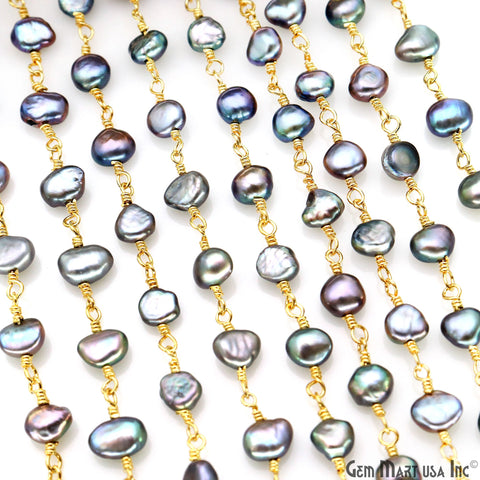 Black Freshwater Pearl Free Form 5-6mm Gold Wire Wrapped Beads Rosary Chain