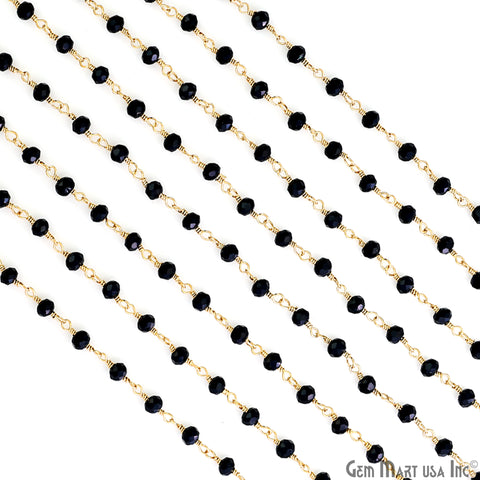 Black Chalcedony 3-3.5mm Faceted Beads Gold Wire Wrapped Rosary Chain