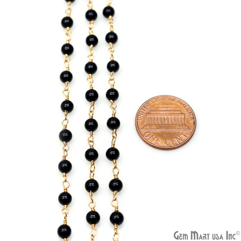 Black Jade Cabochon Beads 4mm Gold Wire Wrapped Rosary Chain