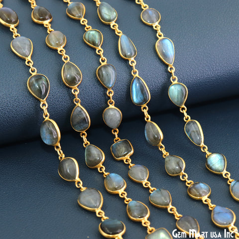 Labradorite Gold Plated Mix Shape Bezel 10mm Link Continuous Connector Chain