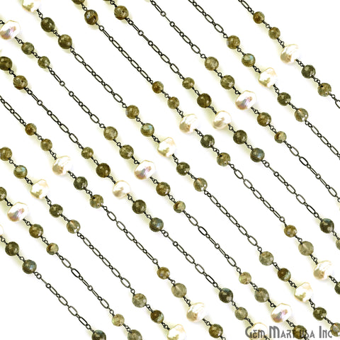 Labradorite & Pearl Round Beads Oxidized Finding Rosary Chain