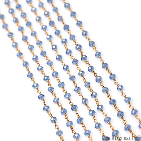 Blue Zircon 4mm Faceted Beads Gold Wire Wrapped Rosary