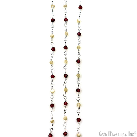 Rhodolite & Mother Of Freshwater Pearl Silver Plated Wire Wrapped Gemstone Beads Rosary Chain
