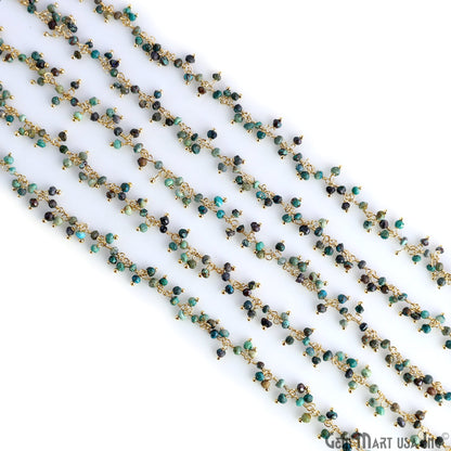 Chrysocolla Cluster dangle Gemstone Beaded Gold Wire Wrapped Rosary Chain