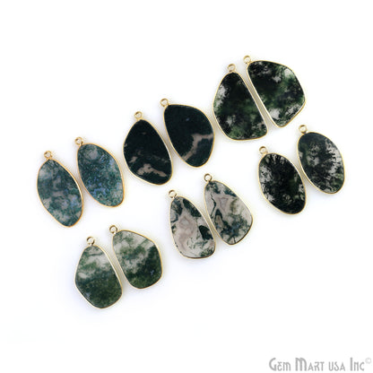 Moss Agate Free Form Gold Plated Single Bail Bezel Smooth Slab Slice Thick Gemstone Connector 31x16mm 1 Pair