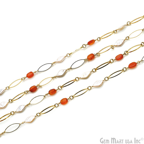 Carnelian & Freshwater Pearl With Gold Marquise Finding Rosary Chain