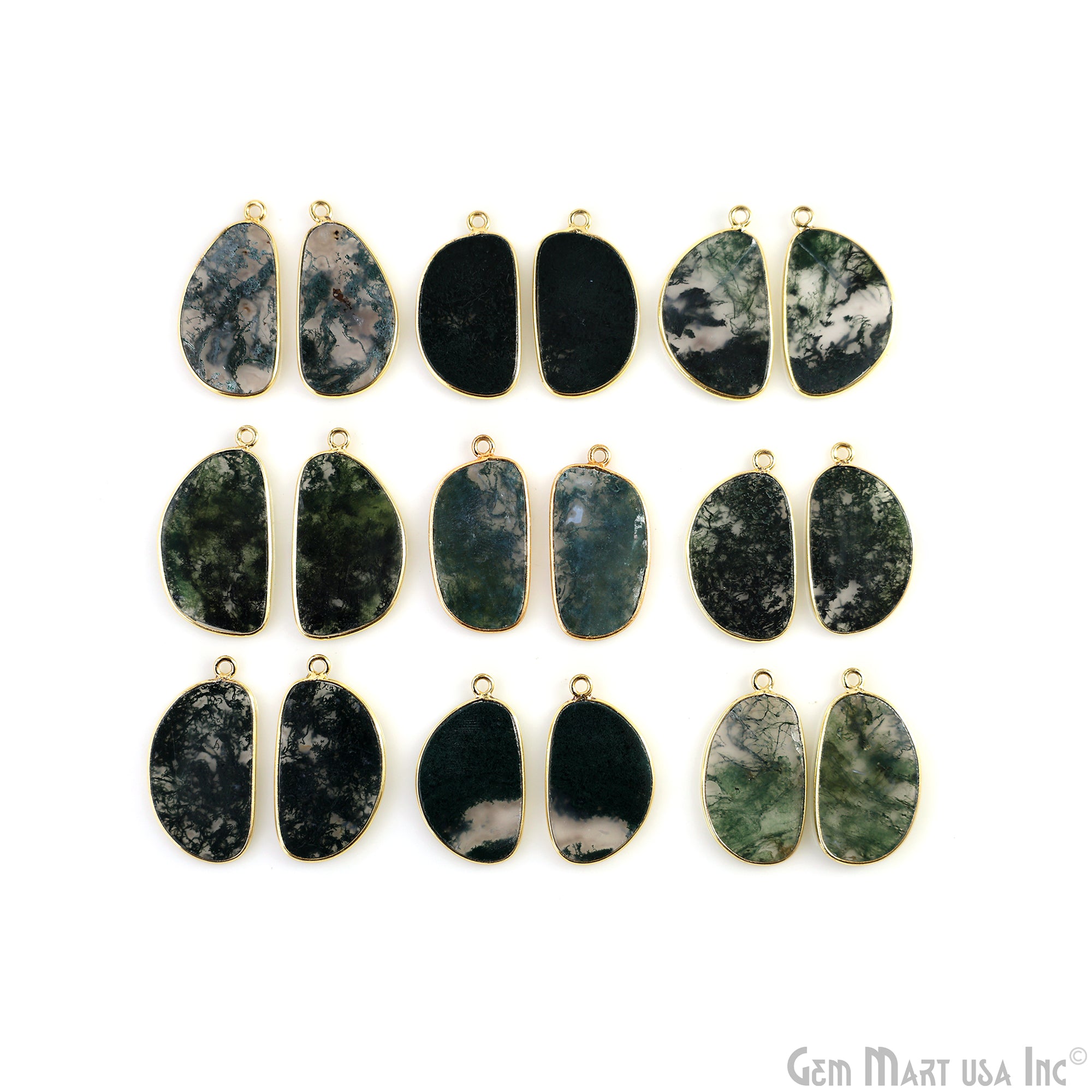 Moss Agate Free Form Gold Plated Single Bail Bezel Smooth Slab Slice Thick Gemstone Connector 28x16mm 1 Pair
