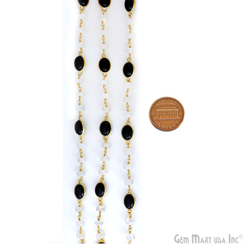 Black Spinel Cabochon With Rainbow Moonstone Beads Gold Plated Rosary Chain