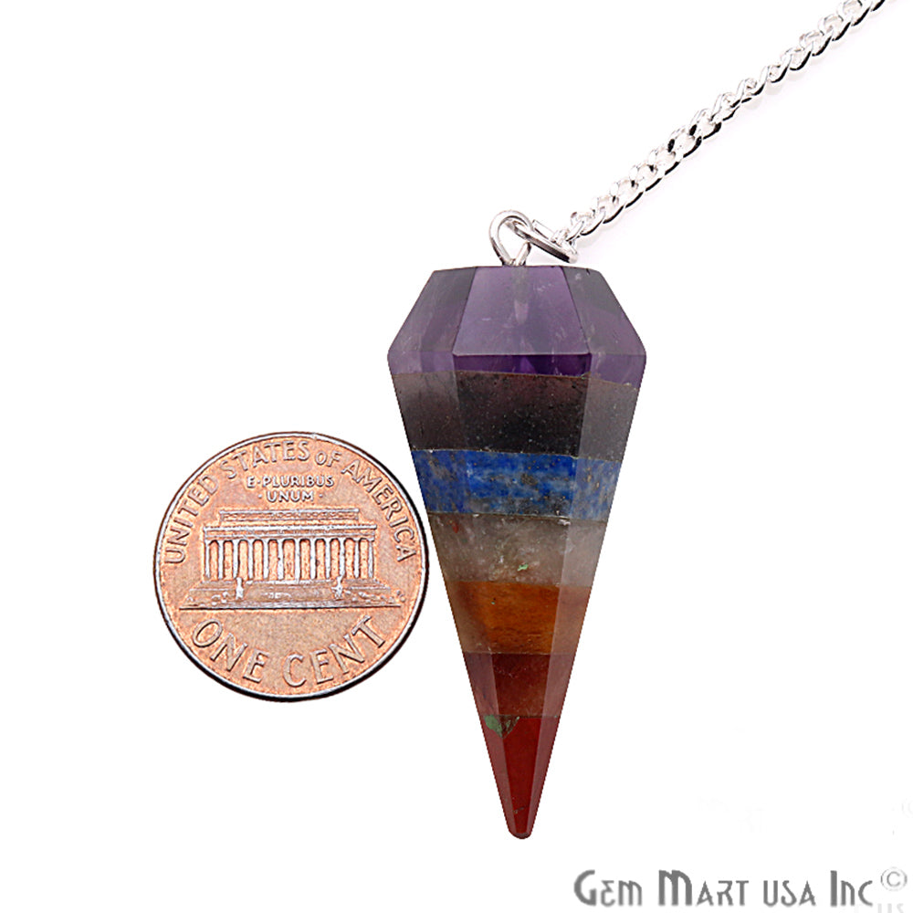 Seven Chakra Crystal Dowsing Pendulum - Natural Gemstone Pendant with Silver Chain