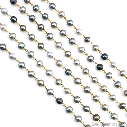 Gray Pearl Cabochon Beads 6-7mm Gold Plated Gemstone Rosary Chain