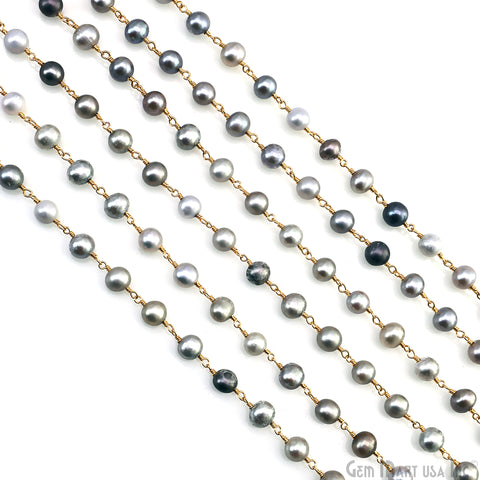 Gray Pearl Cabochon Beads 6-7mm Gold Plated Gemstone Rosary Chain