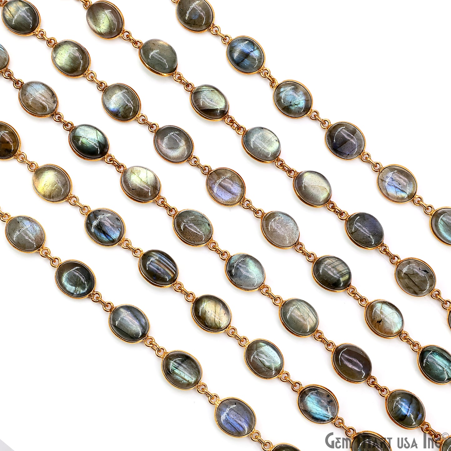 Labradorite Cabochon 9x11mm Oval Shape Gold Plated Bezel Continuous Connector Chain