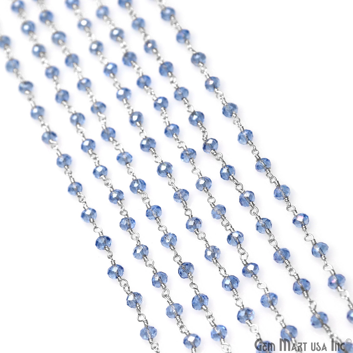 Blue Zircon 4mm Faceted Beads Silver Wire Wrapped Rosary