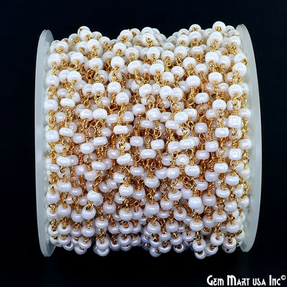 Pearl Cabochon Beads 4mm Gold Wire Wrapped Rosary Chain