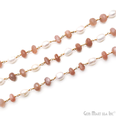 Peach Moonstone & Freshwater Pearl Faceted 10-11mm Beads Gold Plated Wire Wrapped Rosary Chain