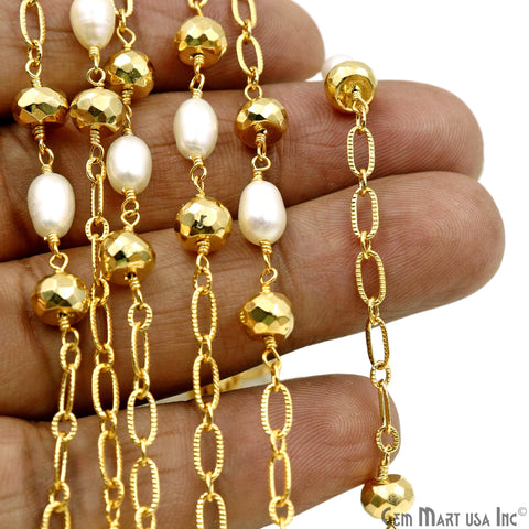 Golden Pyrite 6-7mm & Freshwater Pearl Round Beads Gold Plated Finding Rosary Chain