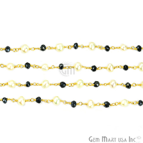 Black Spinel With Freshwater Pearl 3-3.5mm Gold Plated Wire Wrapped Beads Rosary Chain