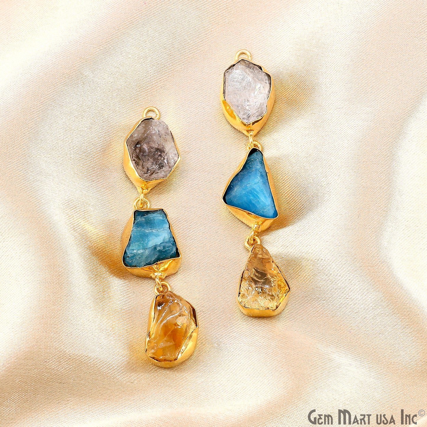 Rough Gemstone Bezel Setting 59x10mm Gold Plated Long Dangle Earring Pair Connectors